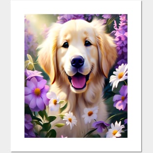 Cute Golden Retriever Surrounded by Beautiful Flowers Posters and Art